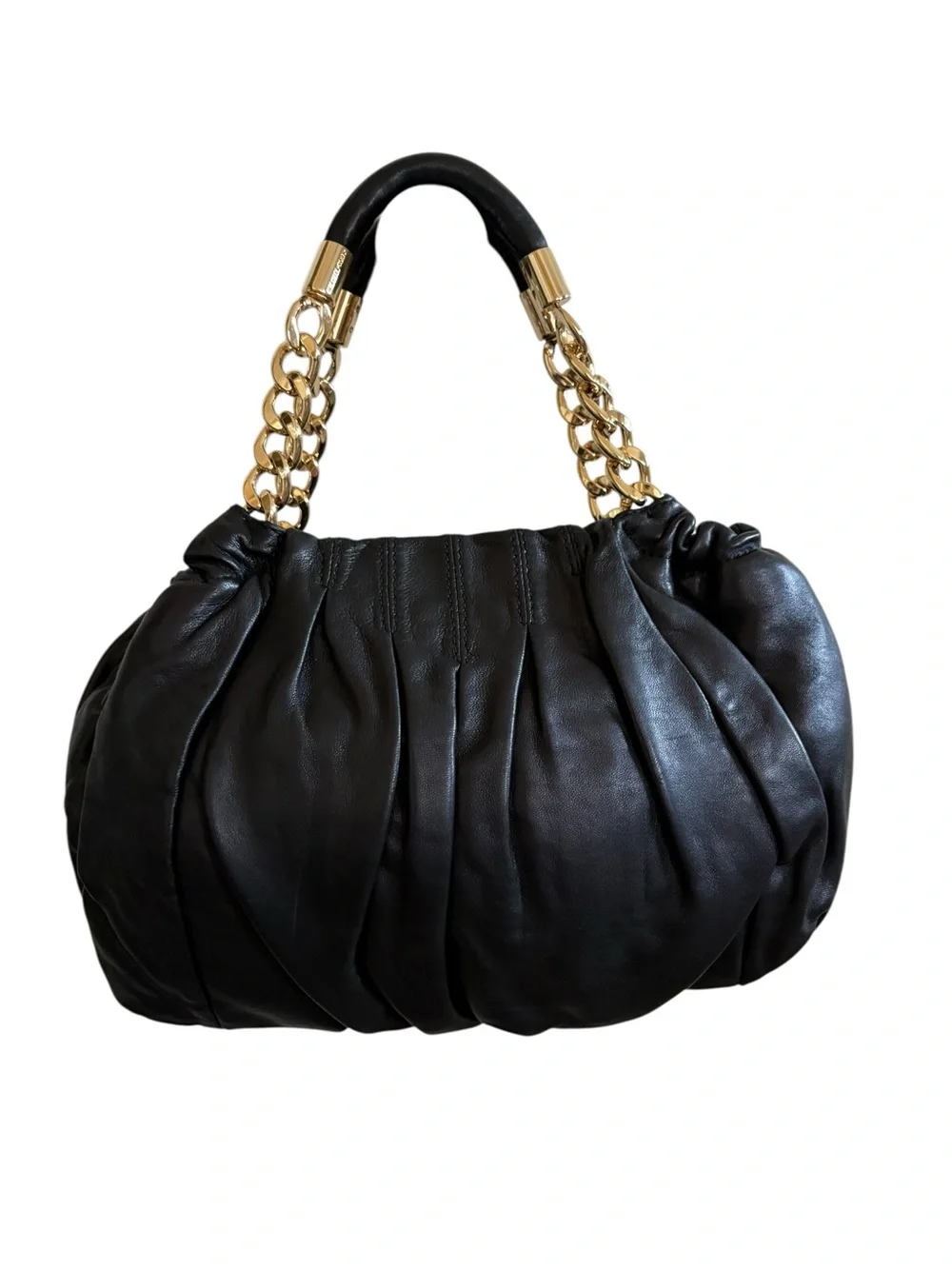 Michael Kors Erin Black Leather Shoulder Bag with Gold Chain and Charm